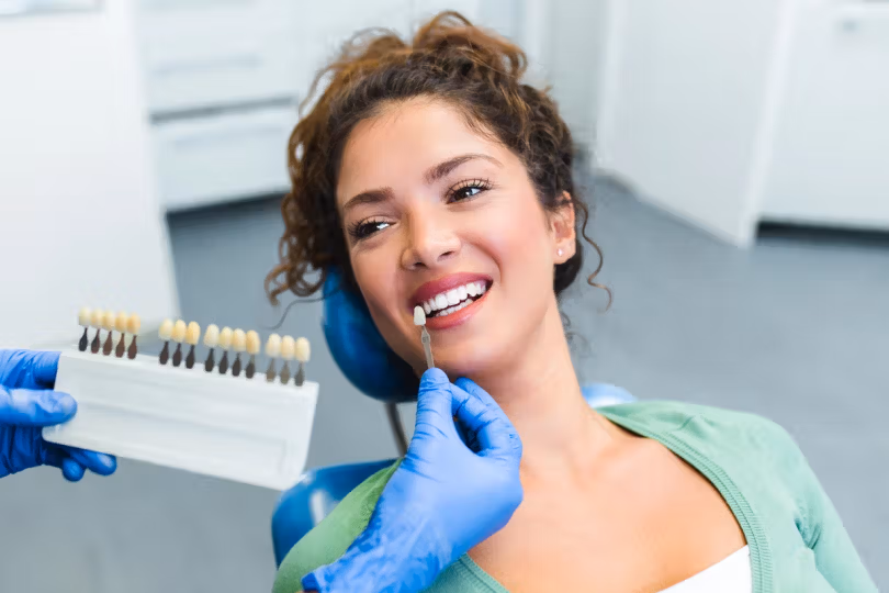 Dentist matching a tooth shade for a patient